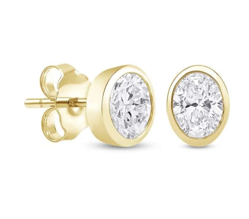 Diamond Oval Bezel-Set Solitaire Stud Earrings in 14K Yellow Go