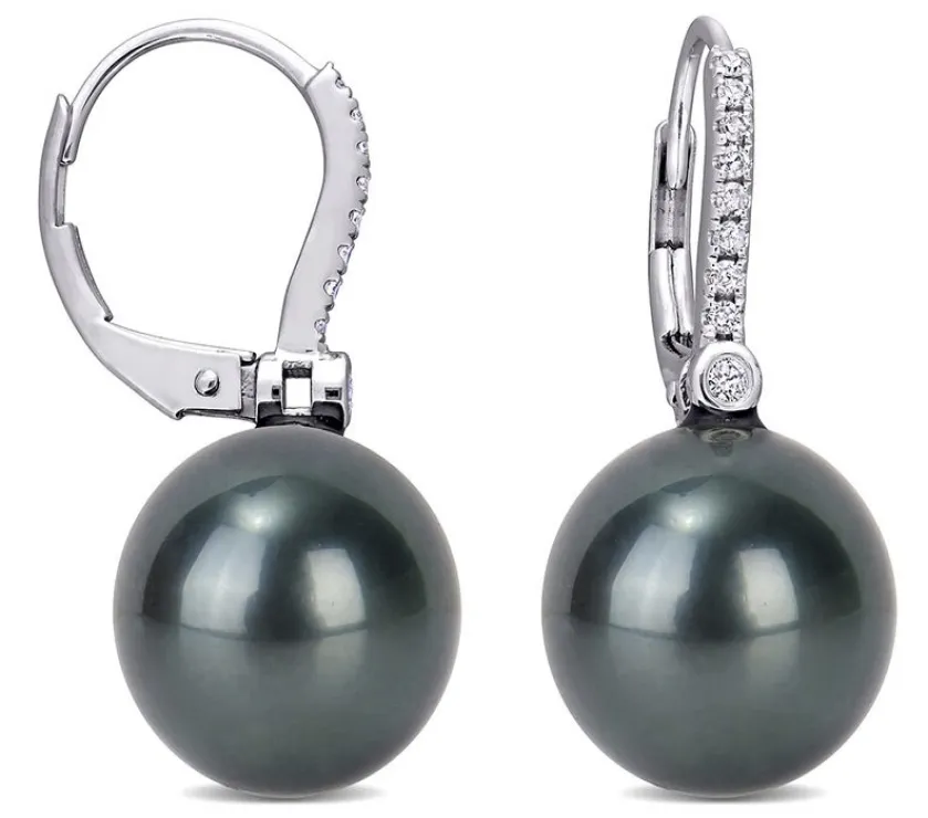 Black Tahitian Pearl & 1/8 ct. tw. Diamond Earrings in 10K White Gold