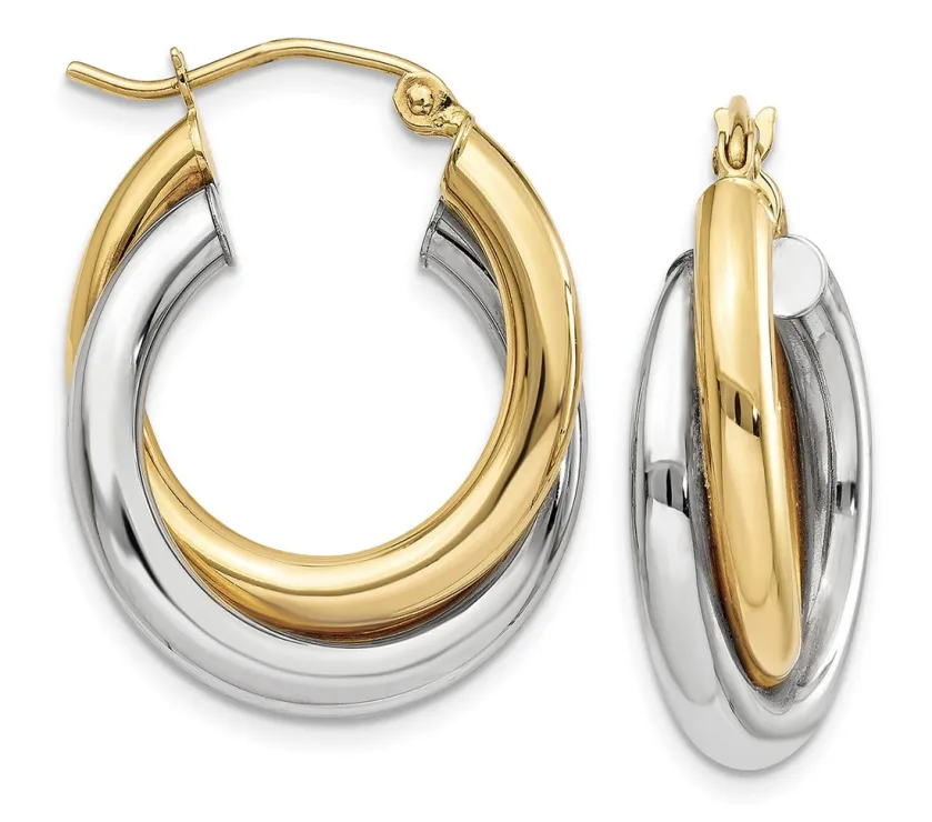 JP Two-Tone Twist Hoop Earrings Puffed Two Tine 14k Gold