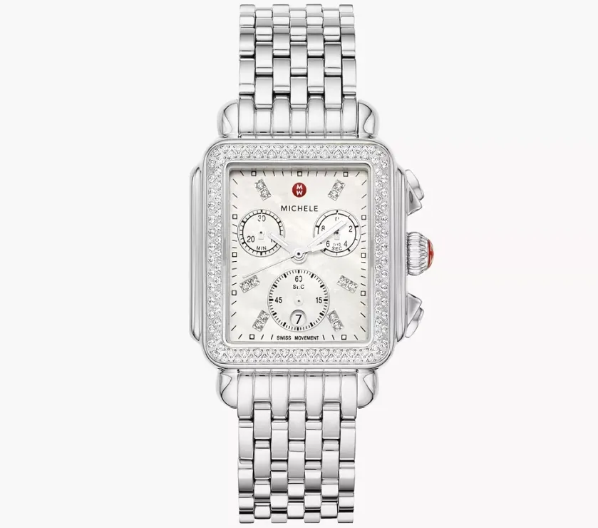 Michele Deco Stainless Diamond Quartz Watch rectangular