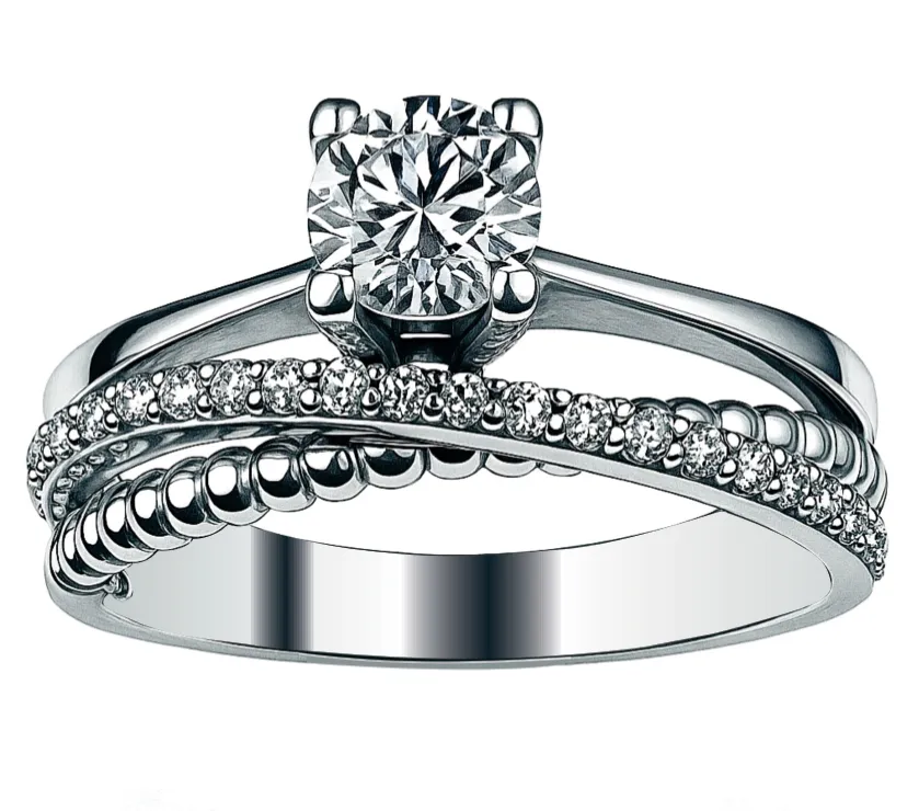 18K Diamond Criss Cross 3 Row Beaded Engagement