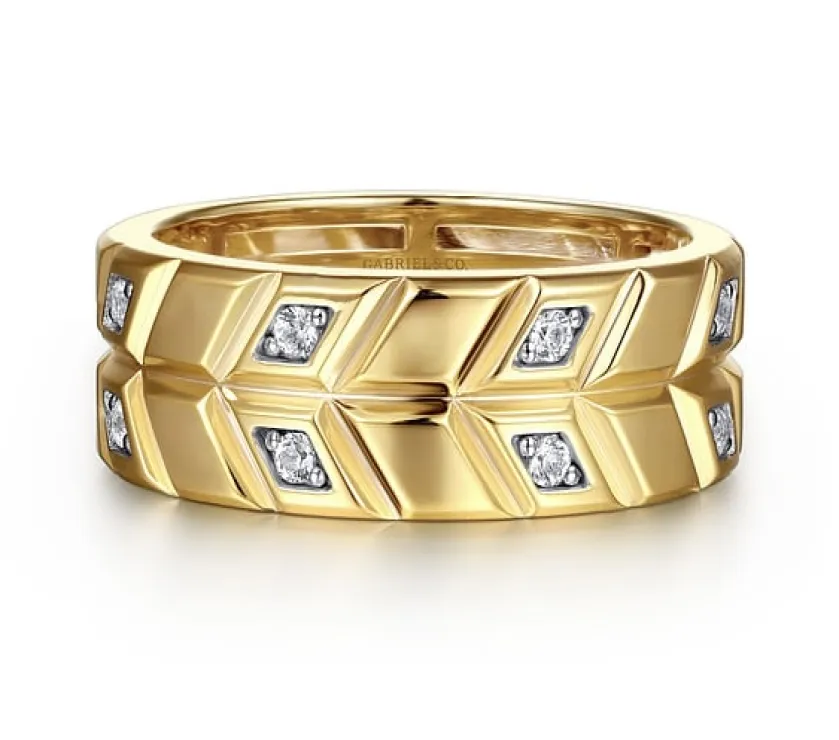 14K Yellow Gold Faceted Diamond Men's Ring