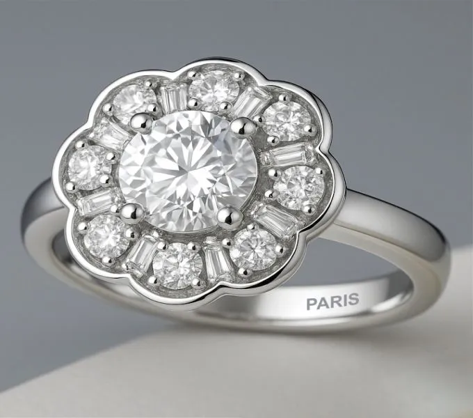 P.A. Dream Halo Ring Baguette Diamond Halo Engagement 18K