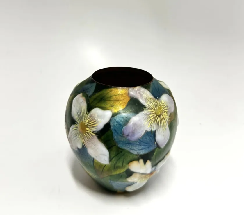 Art Nouveau Copper ,Glass Enamel Bud Vase