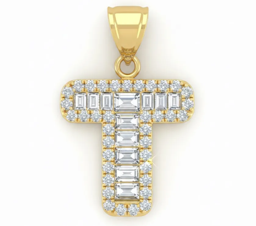 PA Letter T Initials Baguette and Round Diamond Share Prong Pendant